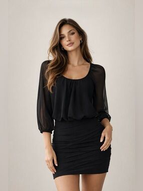 ✨ Black Mini Dress Sheer Sleeve Ruched Bodycon Night Out Cocktail ✨